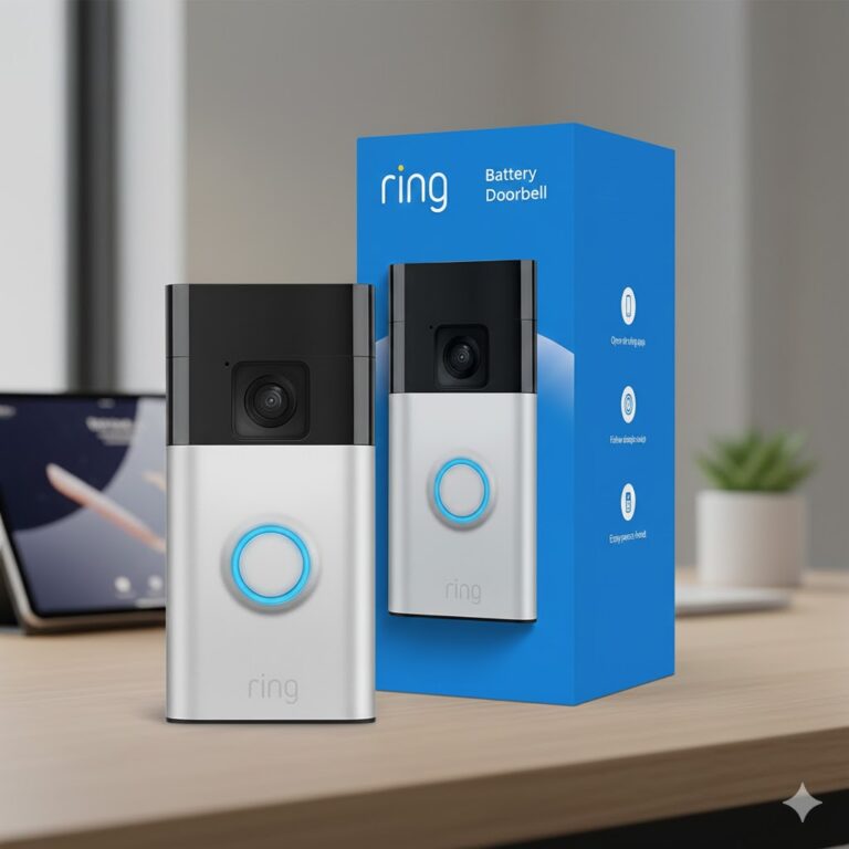 Ring Battery Doorbell (newest model) in satin nickel with camera lens and illuminated doorbell button