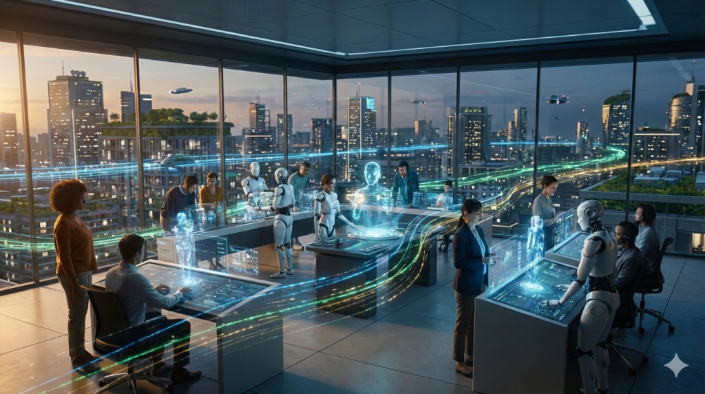 AI agents in 2026 working autonomously with humans using advanced artificial intelligence and futuristic technology systems